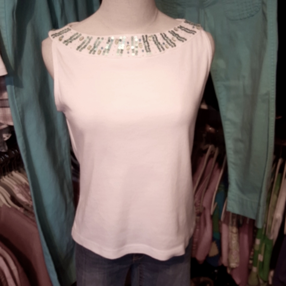 CLOTHING COVE ♡ Aqua Embellished Sequenced Bling Shoulder Line Sleeveless Top PM